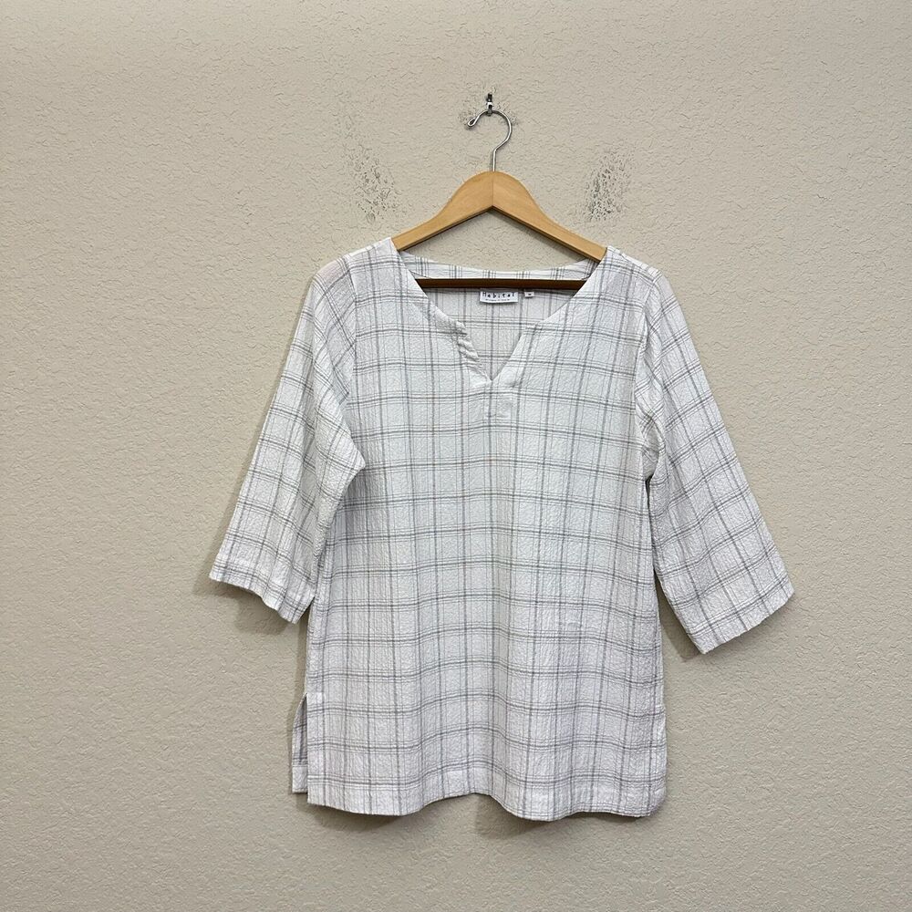 HABITAT Plaid Tunic Top Blouse White Crinkled 3/4 Sleeve V-Neck Retro